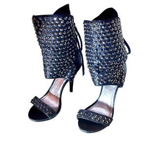 ZiGiny Black Studded Rocker Open Toed Heels.  Studded Ankle Band.  Size 9